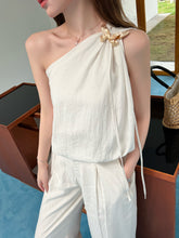 Load image into Gallery viewer, 【海屿蝶语】独家定制 Coastal Whisper One-Shoulder Linen Top 斜肩棉麻花苞上衣(TOP Only)