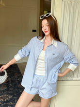 Load image into Gallery viewer, 【晨光映蓝】独家定制 Morning Blue Pearl Co-ord 钉珠条纹两件套（SET Only)
