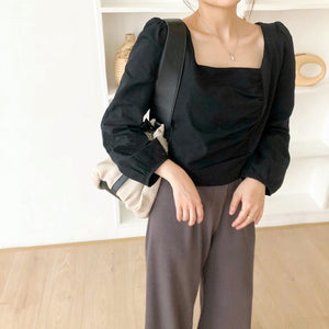 SIDE PLEATED LONG-SLEEVED TOP