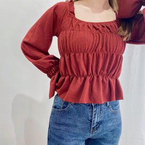 FRENCH RUCHED TOP WITH RUFFLED SQUARE COLLAR